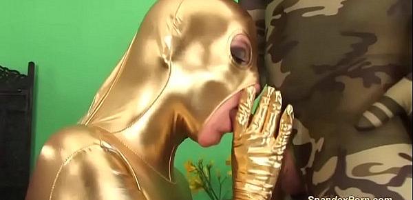  brutal anal in golden spandex catsuit